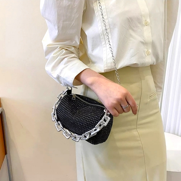 #R New Woman's Chain Rhinestone Mini Barrel Crossbody Purse Black Y2K Style - Picture 3 of 12